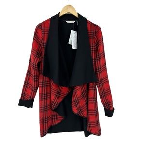 New SOFT SURROUNDINGS Windowpane Jacket Coat Plaid Open Wool Red Black